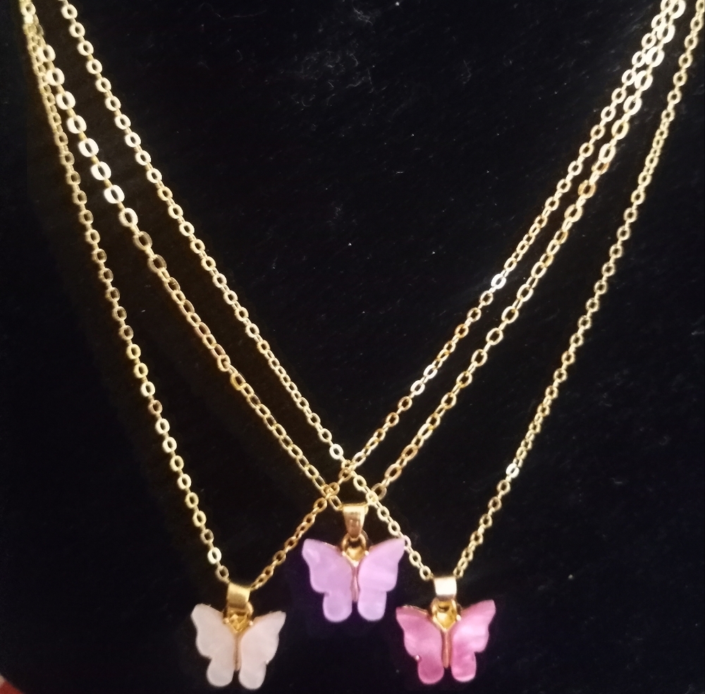 Gold Butterfly Pendant Necklace Bundle - Peach, Lavender And Pink - Picture 2 of 4